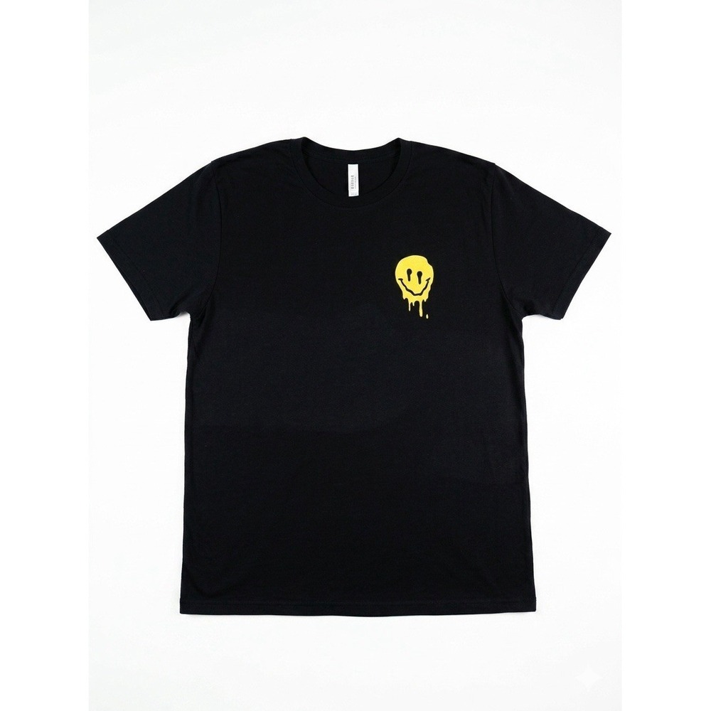 Black Drip Smiley Face Graphic T-Shirt Men's Size Large Short Sleeve Casual Tee